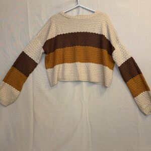 Francesca's Collections Striped Knit Sweater Cropped - Cream, Brown, and Tan
